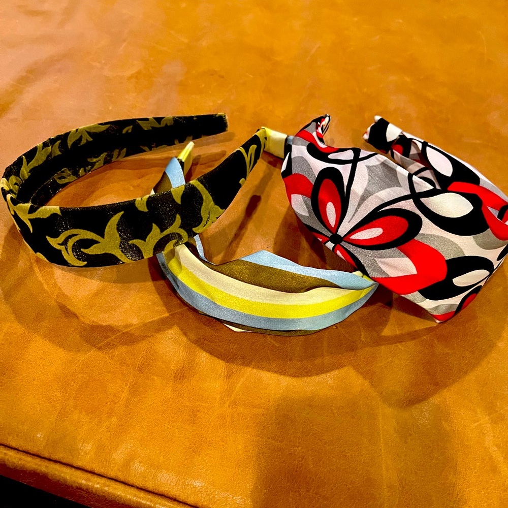 TRIO OF CUSTOM MADE HEAD BANDS OLIVE RED ABD BLACK AND OLIVE CREAM WITH BLUE